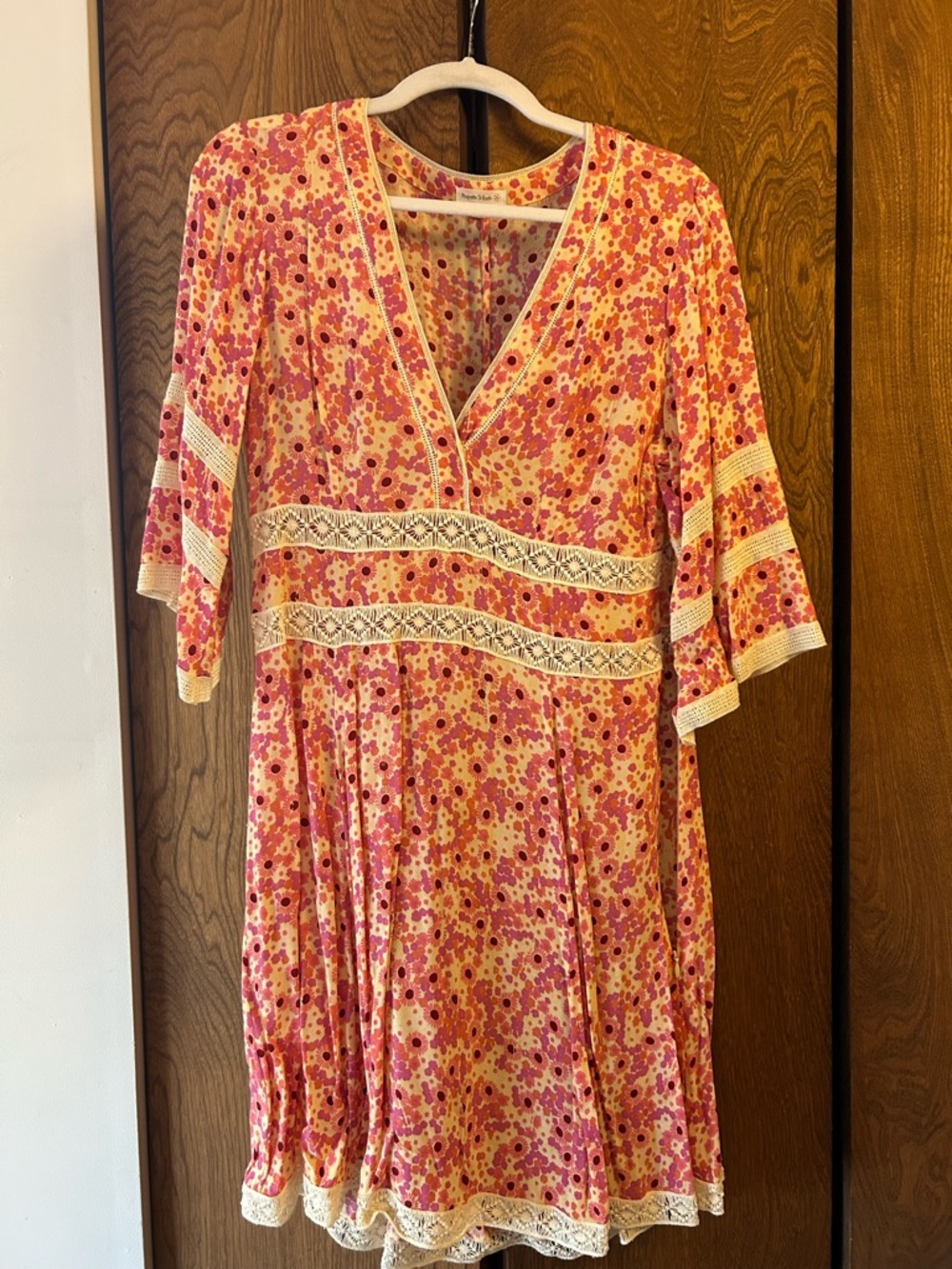 Poupette St. Barth Pink and Cream Floral V-Neck Lace-Trim Dress